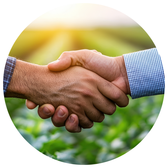 A close-up of a handshake between two men, with a farm bathed in the golden glow of the sun in the background.