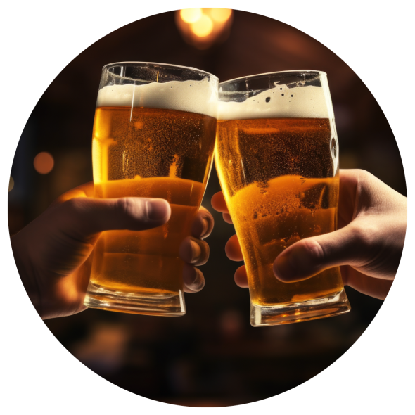 Two glasses of beer being brought together for a toast in golden light.