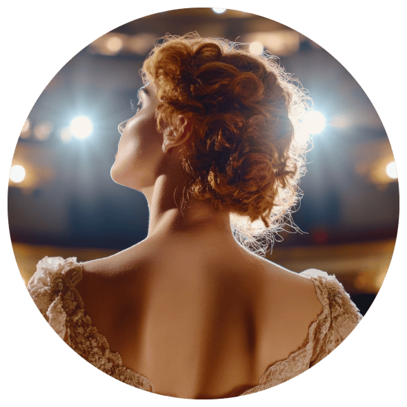 A confident female actor stands poised on stage, bathed in a warm golden glow.