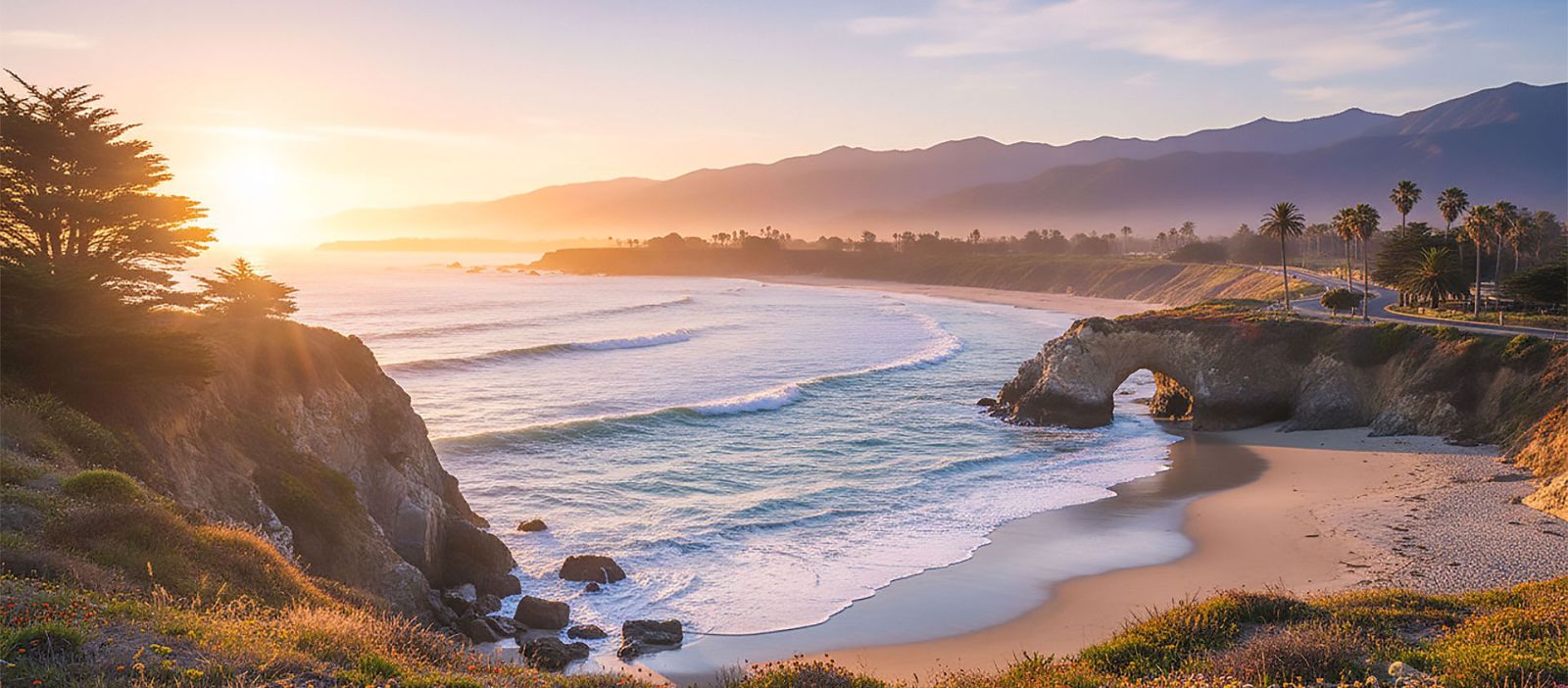 Vibrant seascape capturing the exceptional beauty of a sunlit California beach, shimmering ocean waves, and dramatic coastal cliffs.