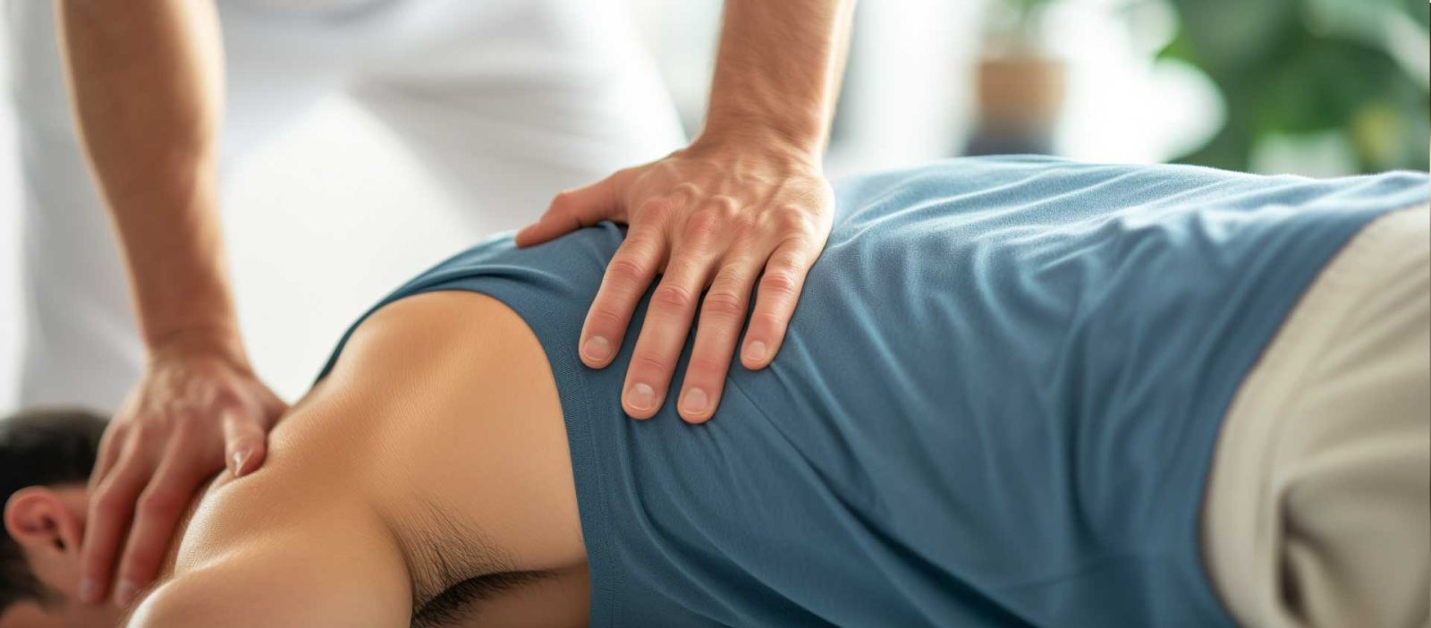 A chiropractor placing their hands on a patient's back and neck.