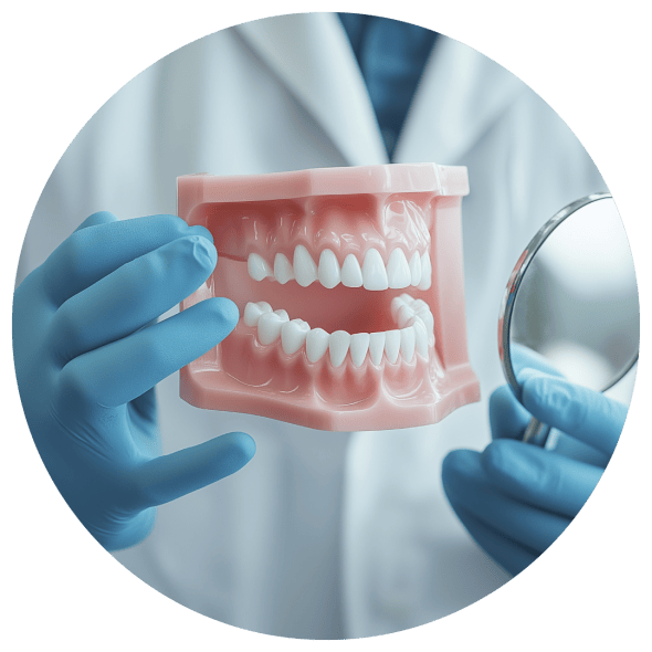 A dentist, wearing blue gloves, is holding a medical model of teeth and a hand mirror.